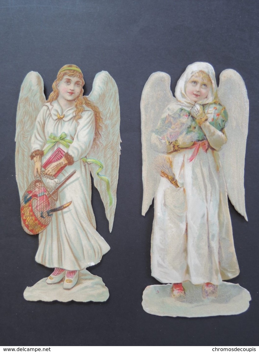 Découpis Vers 1900. Gaufré. 2  ANGES. Angel. Avec Paillettes Pour Le Plus Grand.  14 X 6 Cm - Autres & Non Classés