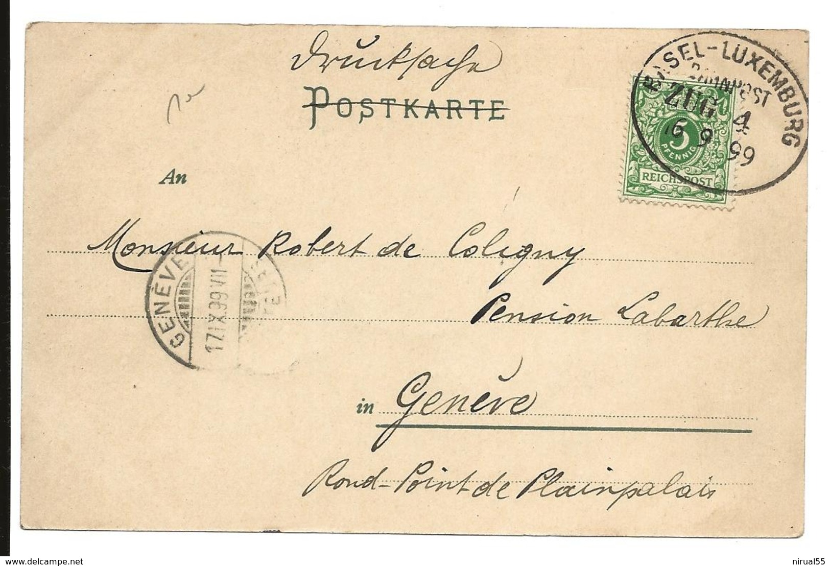 BASEL LUXEMBOURG Ambulant 16.9.1899 Sur 5PF Allemand Pour GENEVE Cpa STRASSBURG ..G - Machines à Affranchir (EMA)