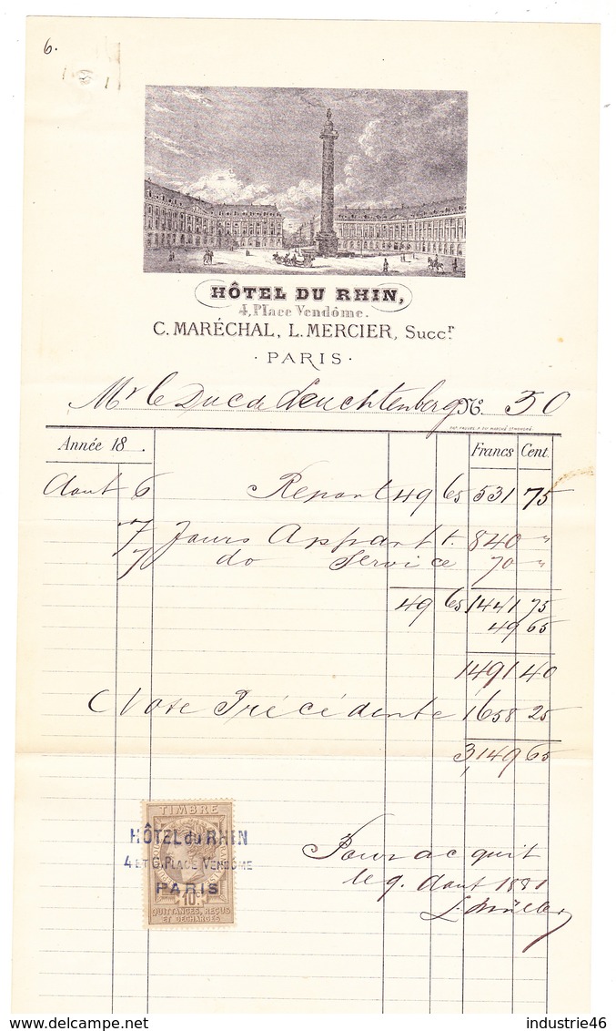 Paris 1881, Hôtel Du Rhin (Place Vendôme), Rechnung/Facture Für/pour Duc De Leuchtenberg - 1800 – 1899