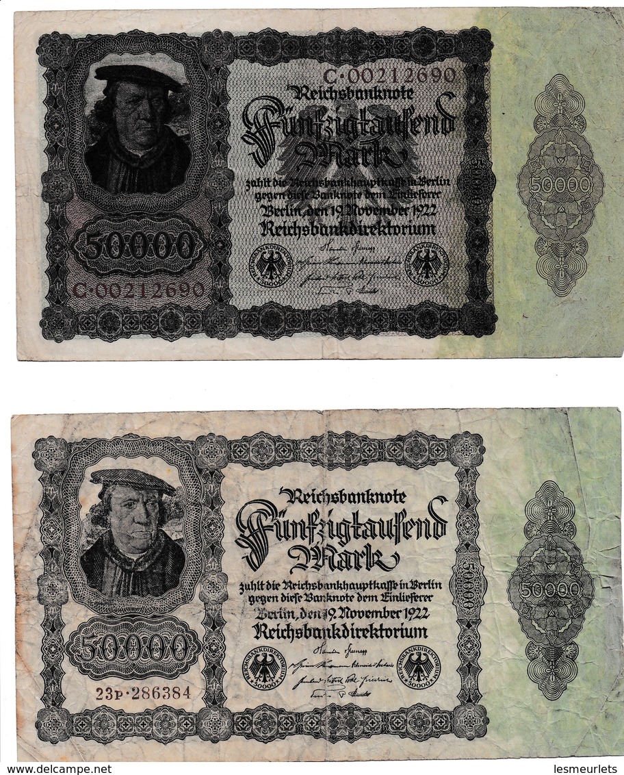 2 Billets De Banques Allemagne Reichsbanknote 50000 Mark Novembre 1922 - 50000 Mark