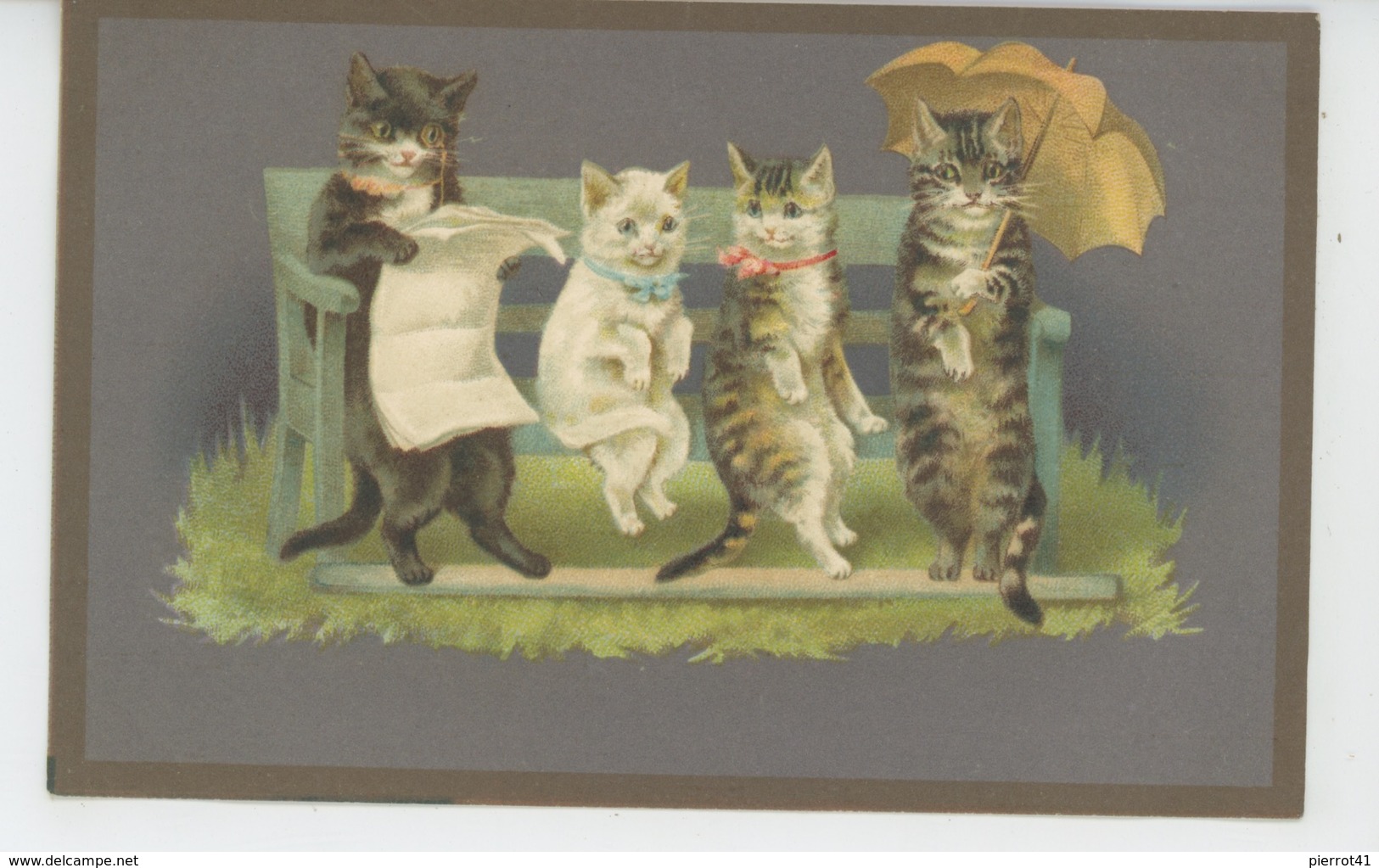 CHATS - CAT - Jolie Carte Fantaisie Famille Chat Assise Sur Un Banc - Chats