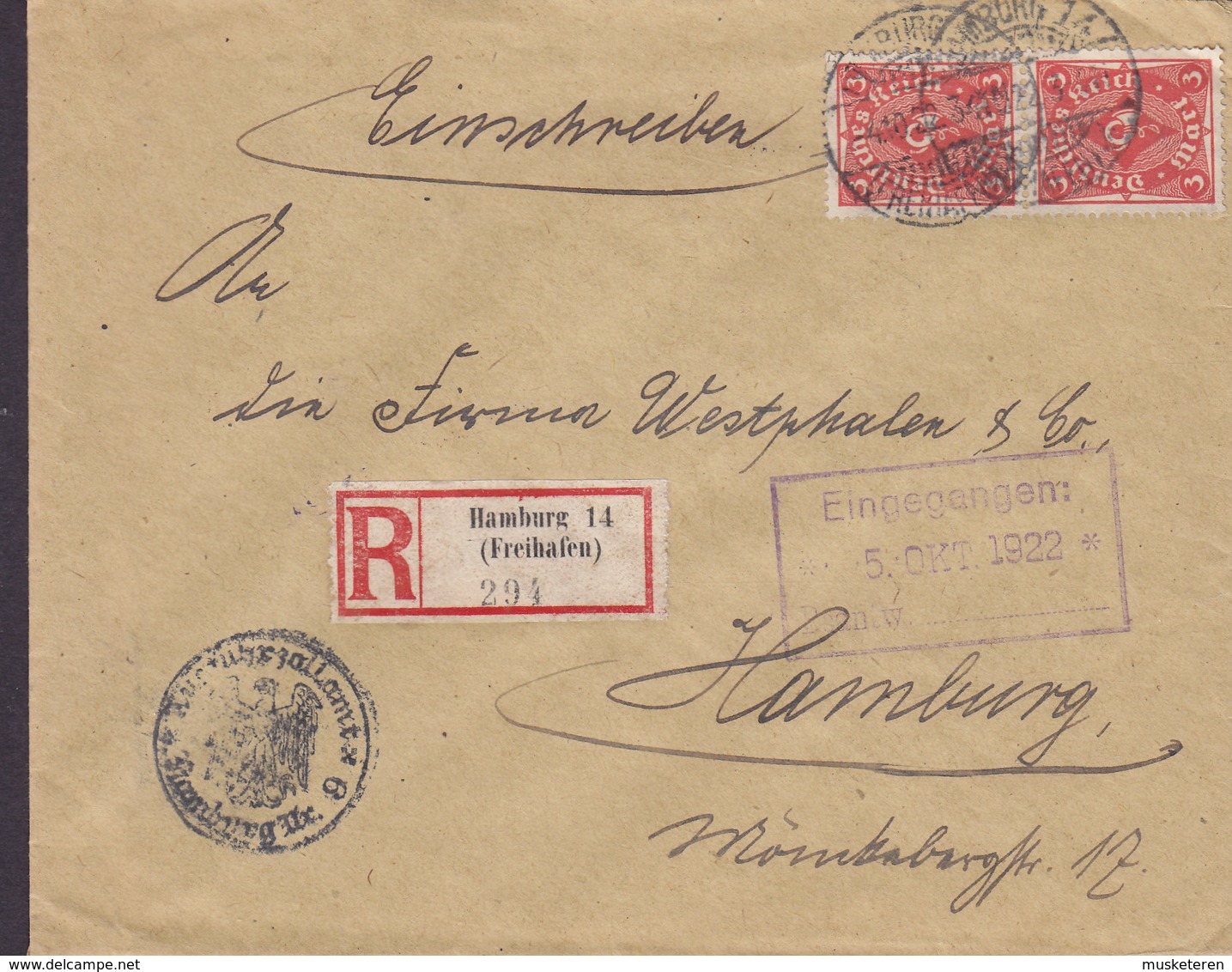 Germany Deutsches Reich ZOLLAMT Registered Einschreiben Label HAMBURG (Freihafen) 1922 Cover Brief 2x 2 M Posthorn - Briefe U. Dokumente