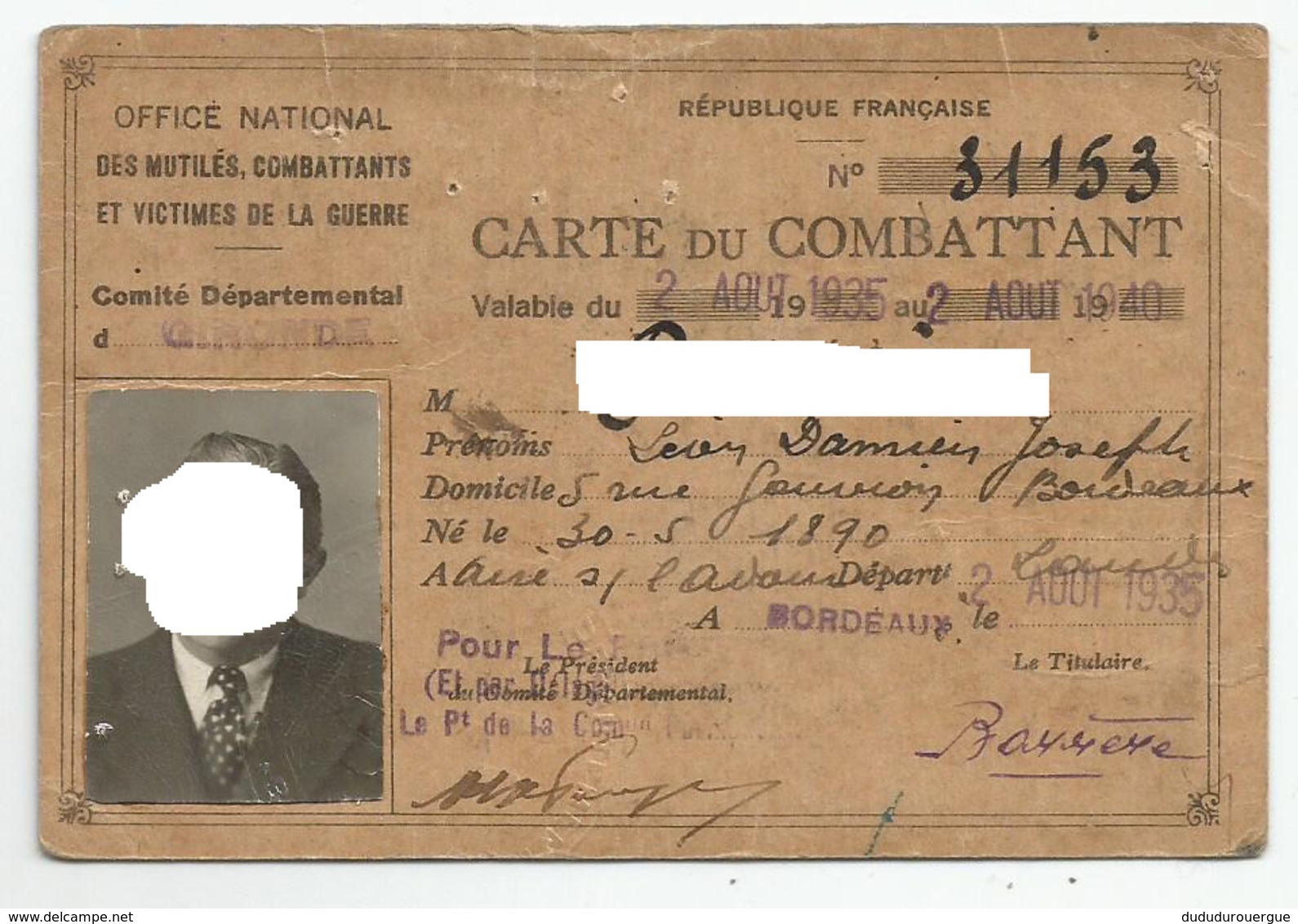 CARTE DU COMBATTANT DELIVREE A BORDEAUX EN 1935 - Documents