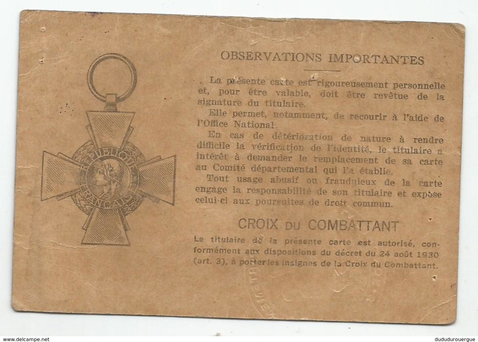 CARTE DU COMBATTANT DELIVREE A BORDEAUX EN 1935 - Documents