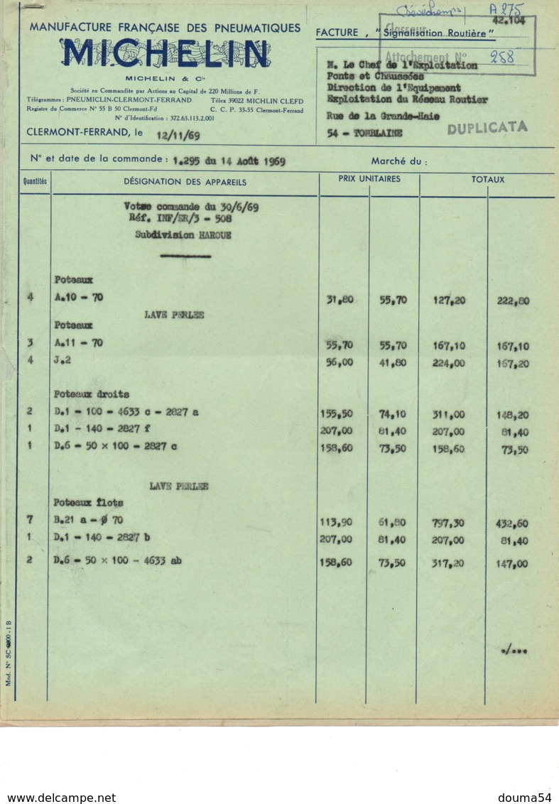 Facture MICHELIN (1969) - 21 X 27 Cm (2 Pages) - Automobile