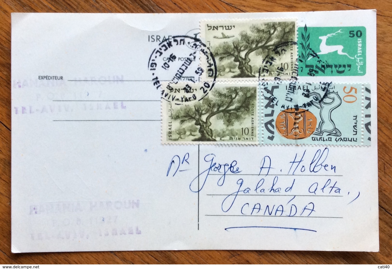 ISRAELE  POSTCARD 50+ 10+10+50  FROM TEL AVIV   TO CANADA    1959 - Storia Postale