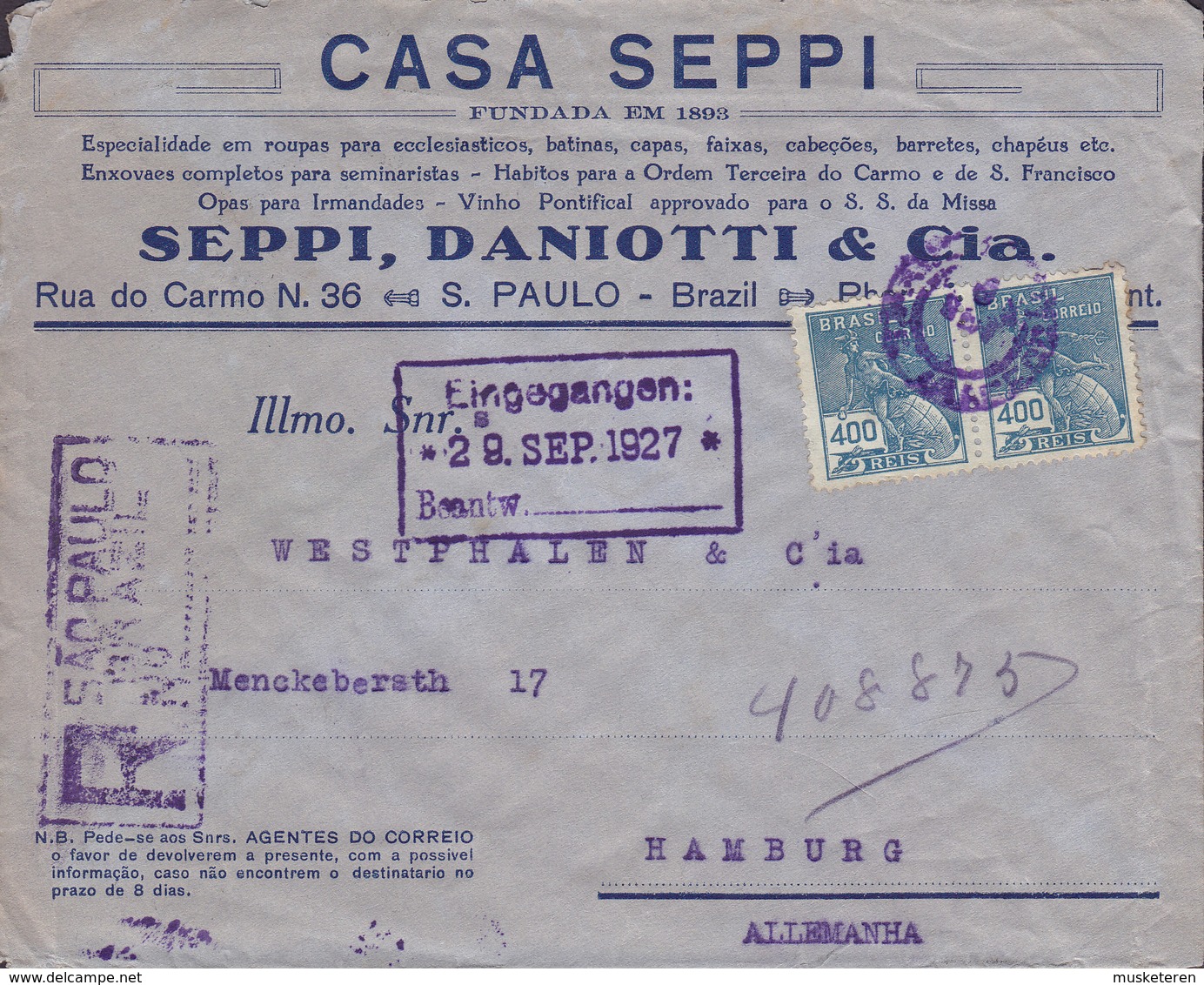 Brazil CASA SEPPI Registered Certificada SAO PAULO 1927 Cover Letra HAMBURG (Arr. Cds.) Germany Hermes & Globe - Cartas & Documentos