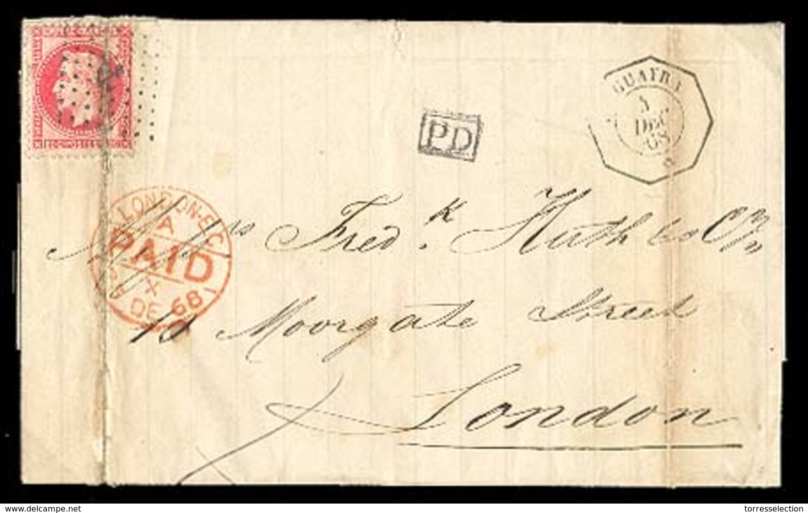 VENEZUELA. 1868 (4 Dec). La Guayra / UK. French Maritime. EL. Fkd. 80c. Anchor Cancel, Octagonal Consular Paquebot Along - Venezuela