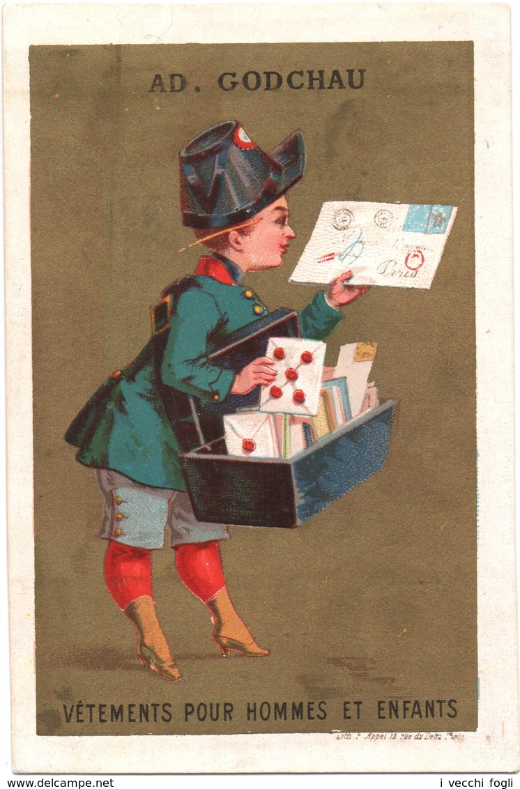 Chromo, Victorian Trade Card. Ad. Godchau. Le Porte Lettre. Il Postino. Appel 1-1-5/5 - Autres & Non Classés