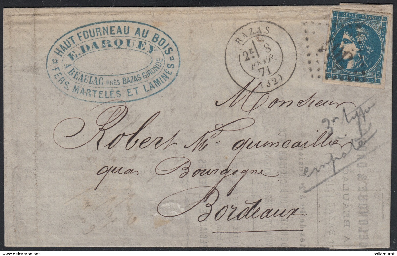 N°46Ba, 20c BLEU-FONCÉ, Oblitéré GC 361 BAZAS Sur Lettre Pour Bordeaux - 1870 Bordeaux Printing