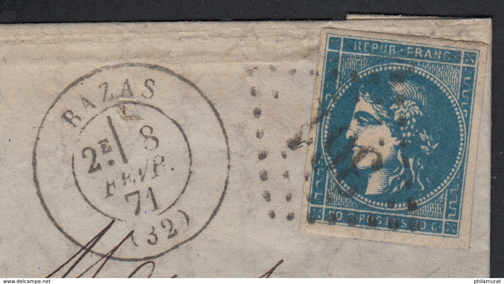N°46Ba, 20c BLEU-FONCÉ, Oblitéré GC 361 BAZAS Sur Lettre Pour Bordeaux - 1870 Bordeaux Printing