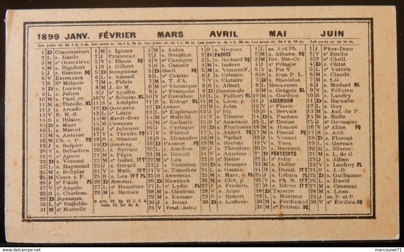 Rare Et Ancien Calendrier De Poche 1899 Maison Jourdery Lyon - Petit Format : ...-1900