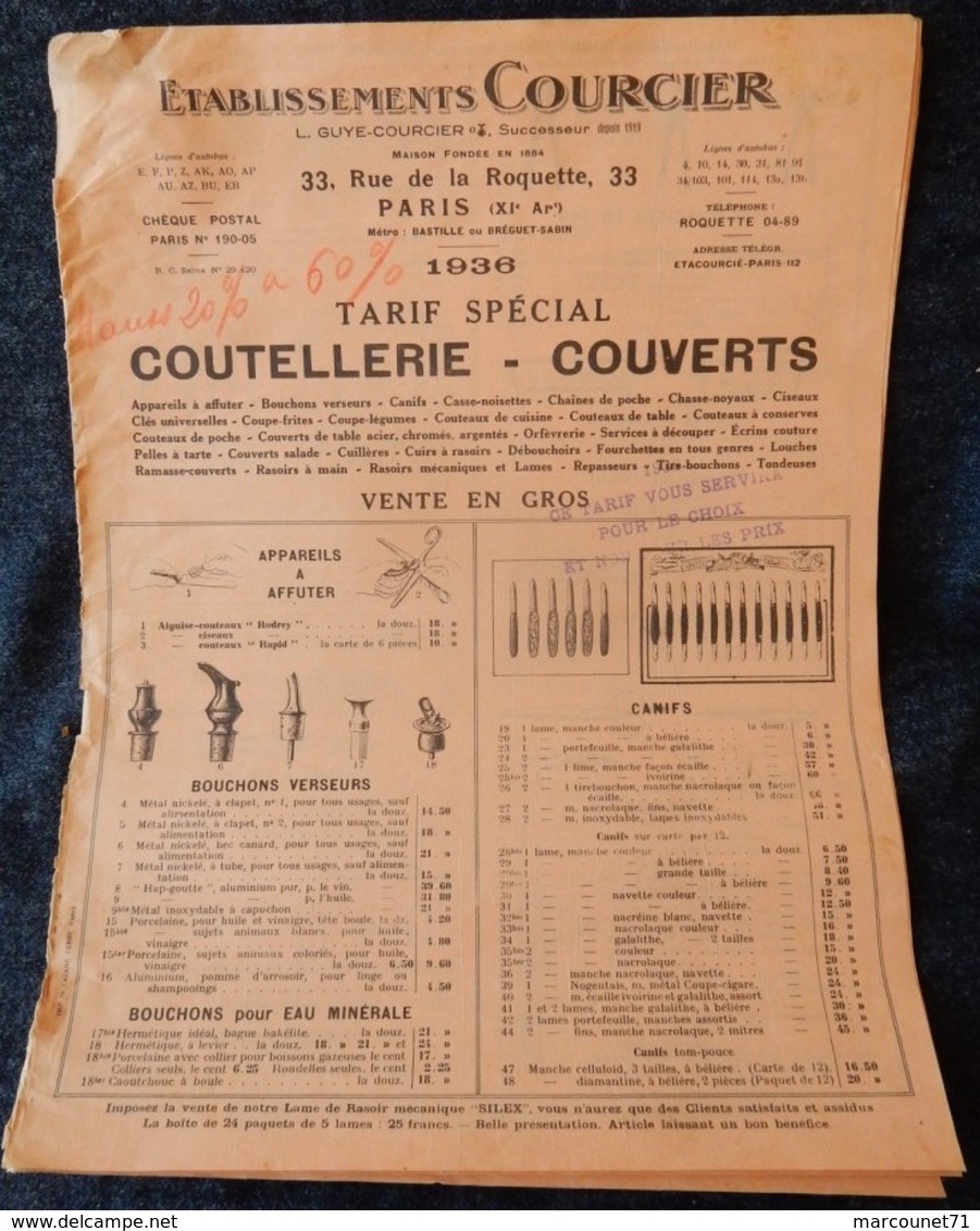 Rare Document Commercial 1936 Établissements Courcier Paris Coutellerie Couverts Bouchons Verseurs Canif - 1900 – 1949