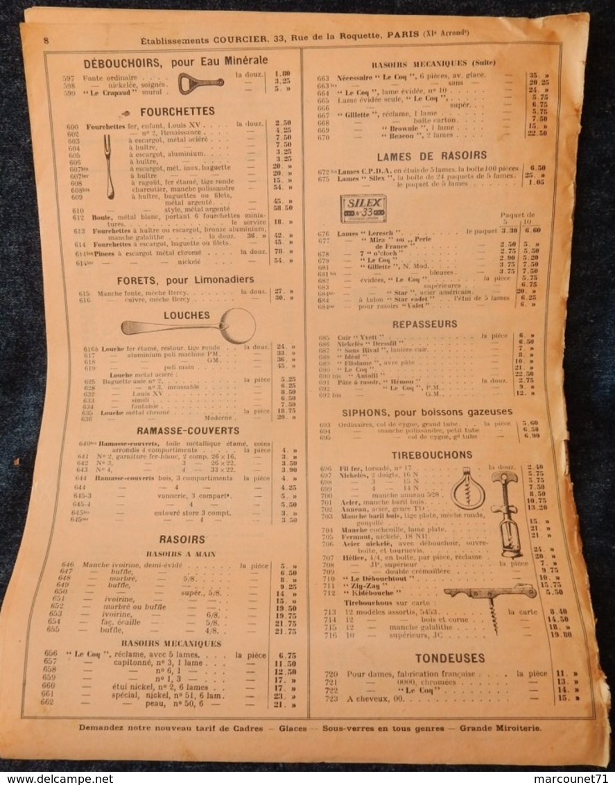 Rare Document Commercial 1936 Établissements Courcier Paris Coutellerie Couverts Bouchons Verseurs Canif - 1900 – 1949