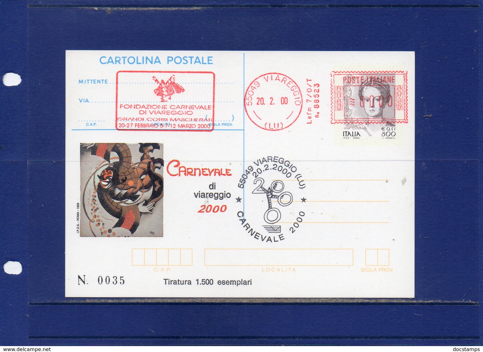 ##(ANT11)-2000-cart. Postale L800/€0,41 I.P.Z.S. Carnevale Di Viareggio 2000.affrancatura EMA Fondazione Carnevale - Entero Postal