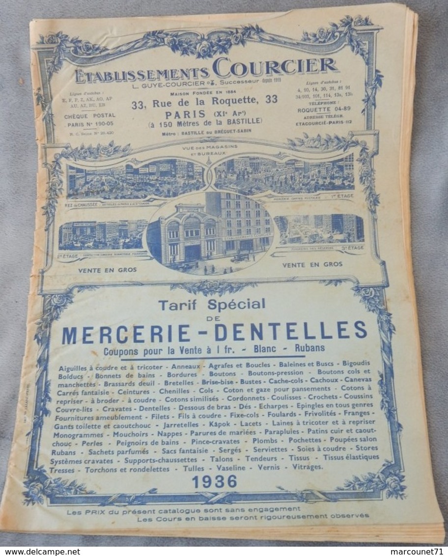 Rare Document Commercial 1936 Établissements Courcier Rue De La Roquette Paris Mercerie Dentelles - 1900 – 1949