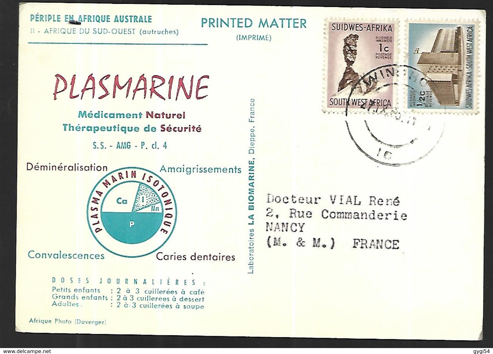 Carte Publicitaire Pharmaceutique  Plasmarine  Afrique Du Sud - Pharmacie