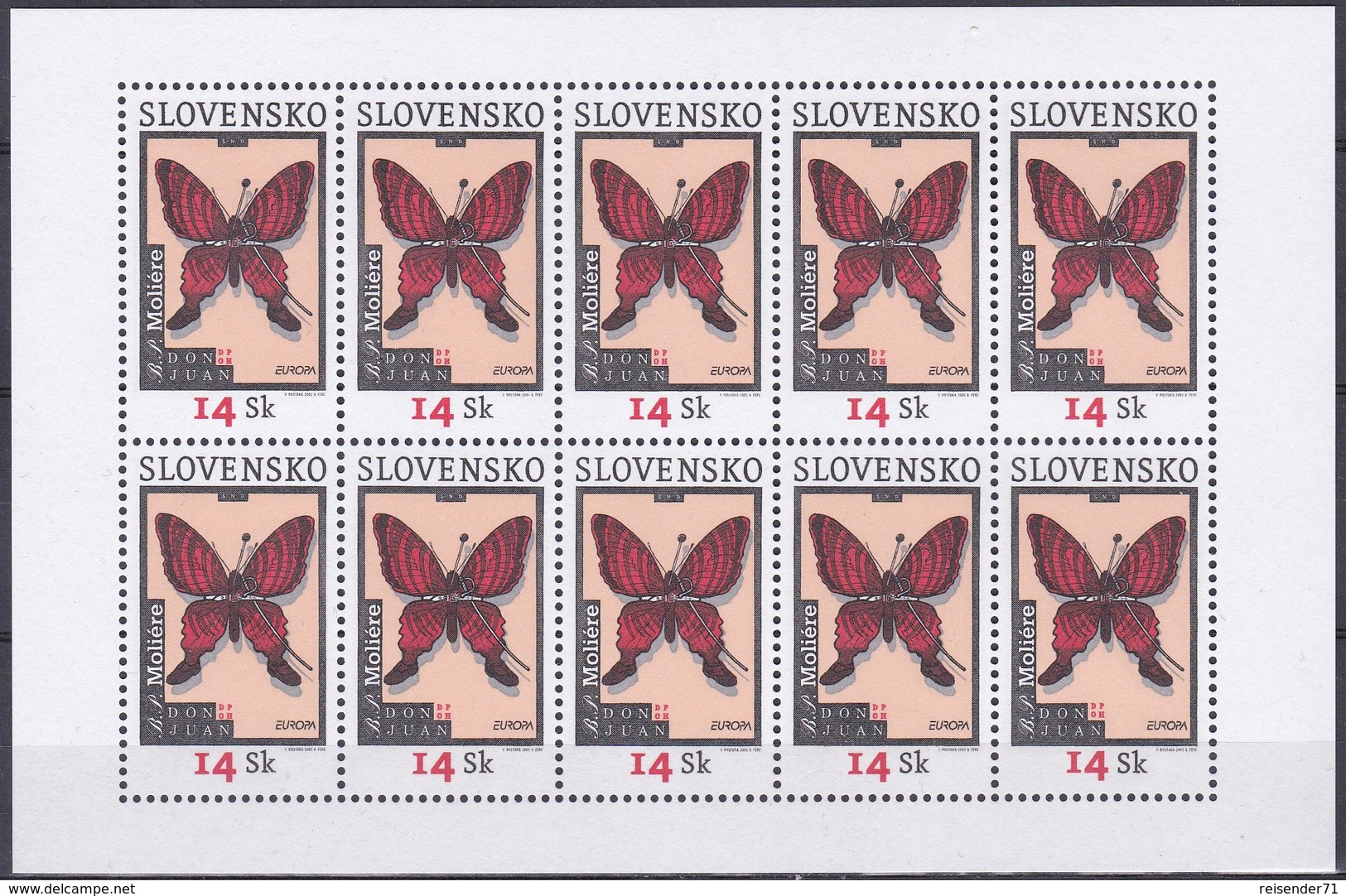 Slowakei Slovakia Slovensko 2003 Organisationen Postwesen Europa CEPT Plakate Schmetterlinge Butterflies, Mi. 454 ** - Ungebraucht