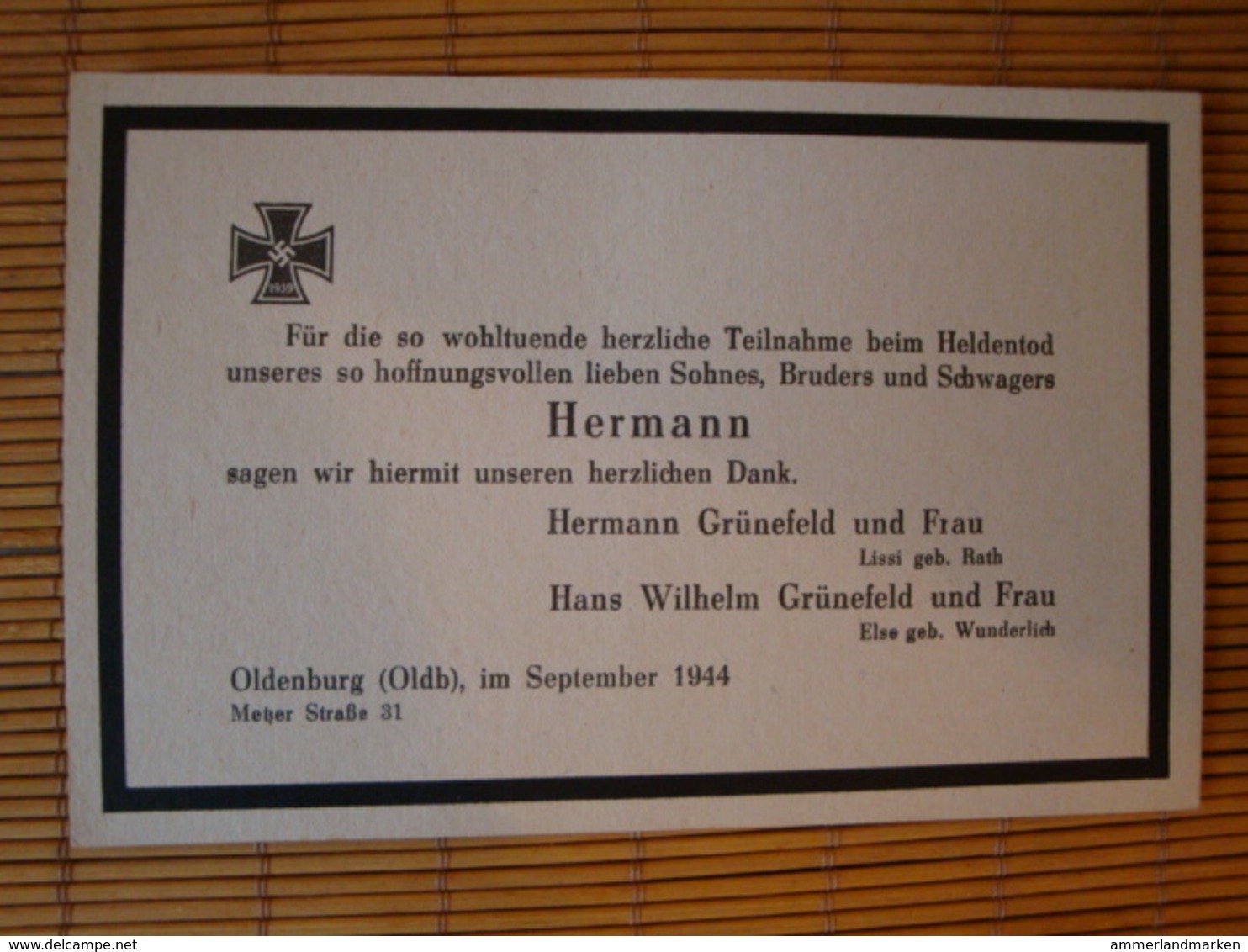 Todes- Traueranzeige Eines Soldaten 2. Weltkrieg Aus Oldenburg 1944 - Dokumente