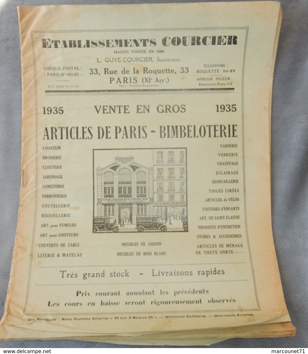 Rare Document Commercial 1935 Établissements Courcier Rue De La Roquette Paris Articles De Paris Bimbeloterie - 1900 – 1949