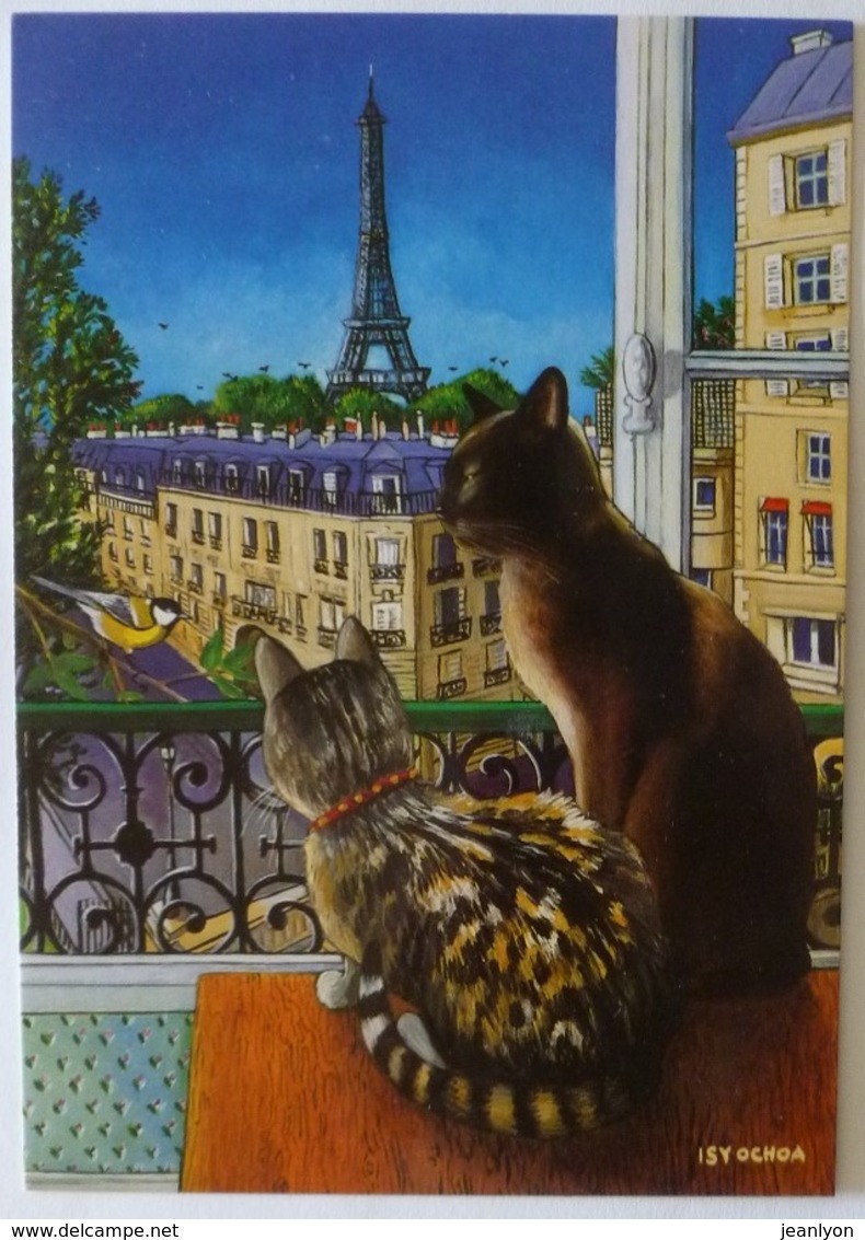 CHAT / Fenetre Devant La Tour Eiffel - Dessin / Illustrateur ISY OCHOA - Chats