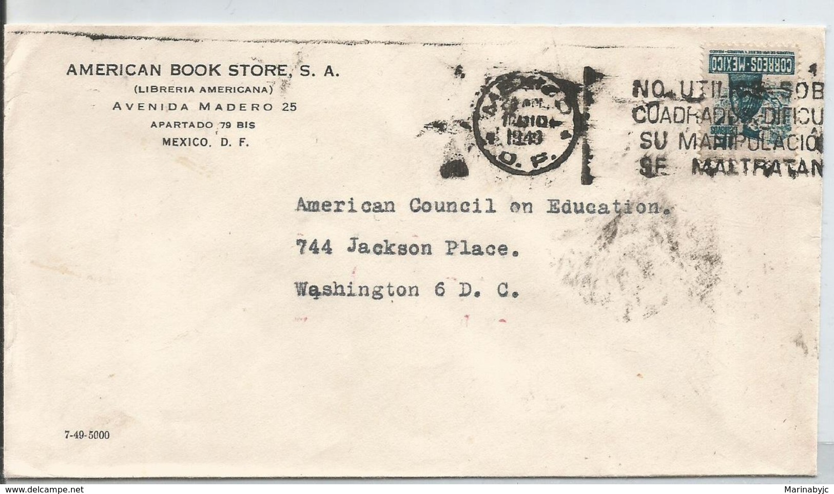 J) 1949 MEXICO, COMMERCIAL LETTER, AMERICAN BOOK STORE, SA, WITH SLOGAN CANCELLATION, MAILMAN, AIRMAIL, CIRCULATED COVER - Mexico