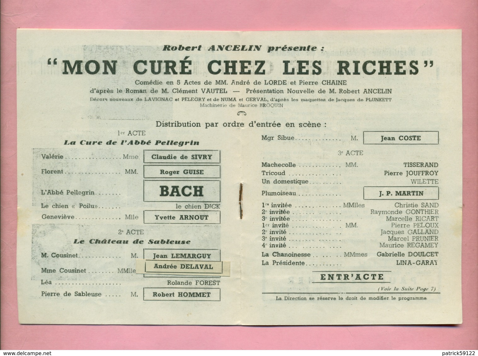 PROGRAMME  : THEÂTRE DE LA PORTE ST MARTIN - SAISON 1943 / 44 : MON CURE CHEZ LES RICHES - ILLUSTRATEUR : J DE PLUNKETT - Programmes