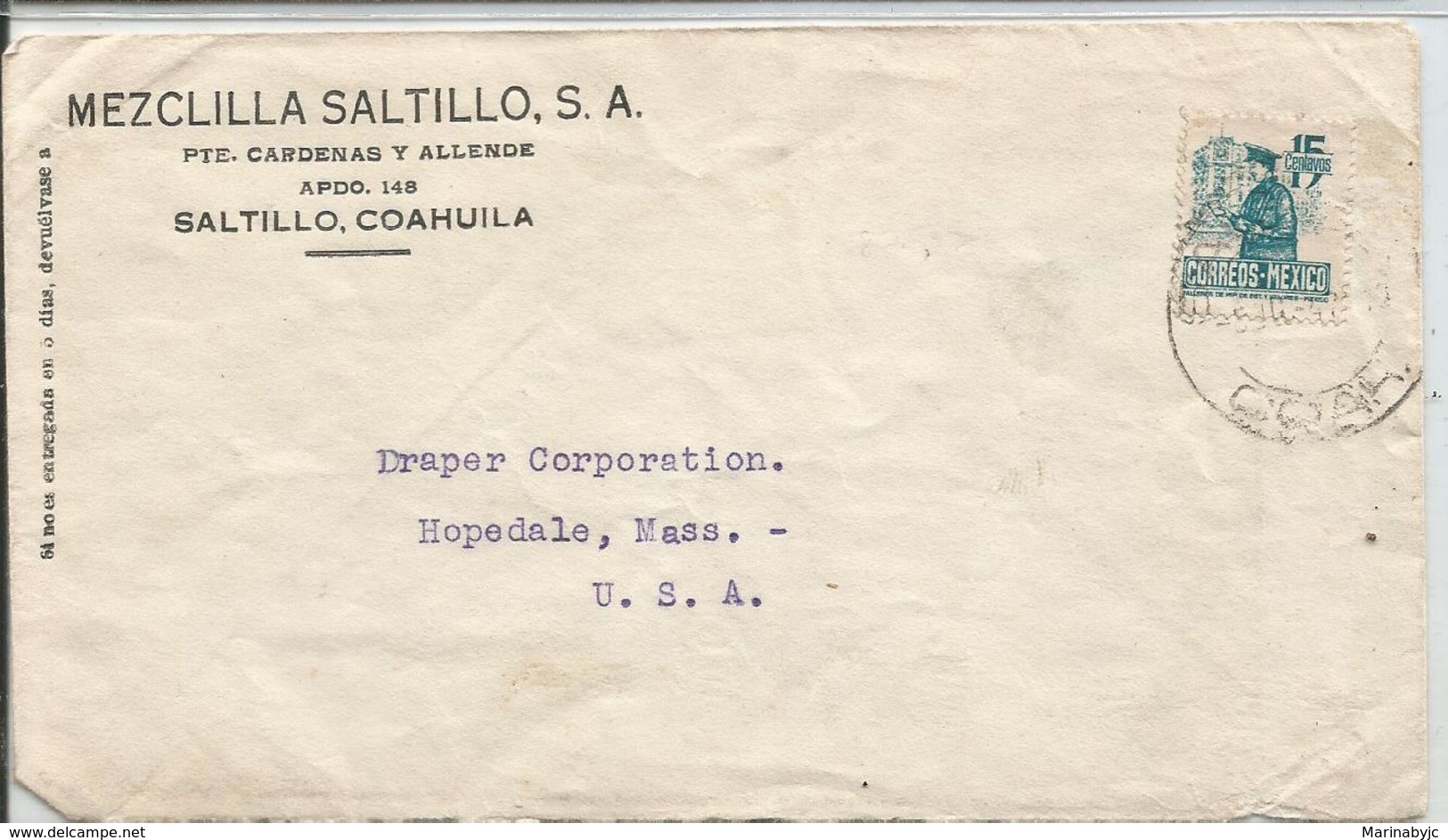 J) 1947 MEXICO, COMMERCIAL LETTER, MEZCLILLA SALTILLO, MAILMAN, CIRCULATED COVER, FROM SALTILLO TO USA - Mexico
