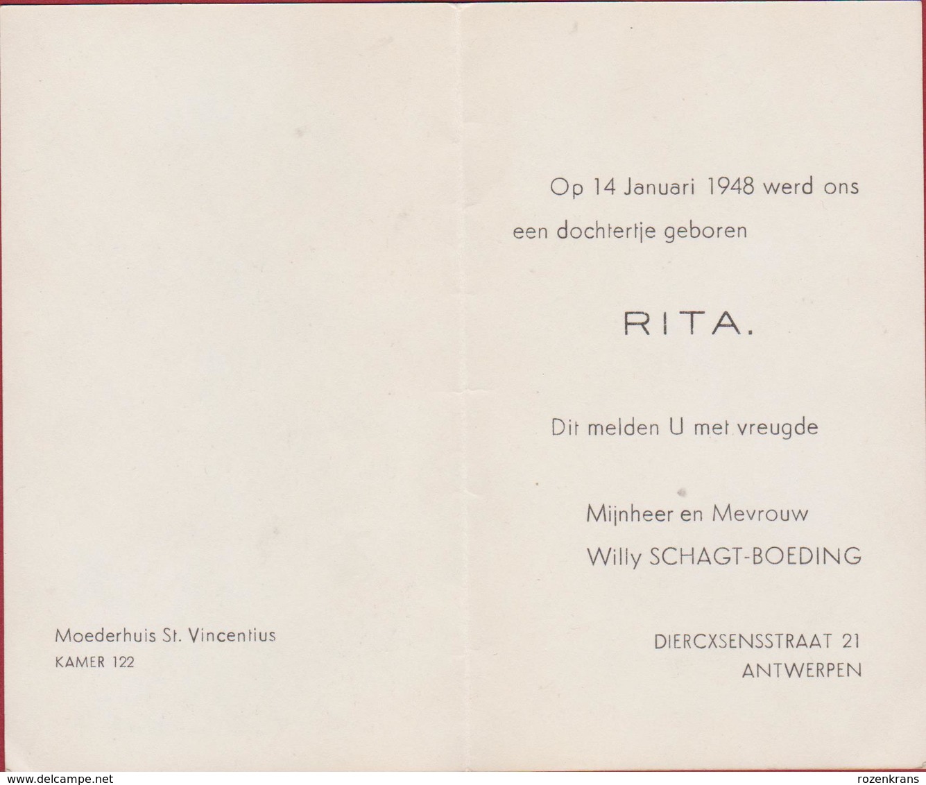 Oud Geboortekaartje Carte Faire Part De Naissance Birth Card 1948 Rita Antwerpen Schagt Boeding Illustrator Caressi - Naissance