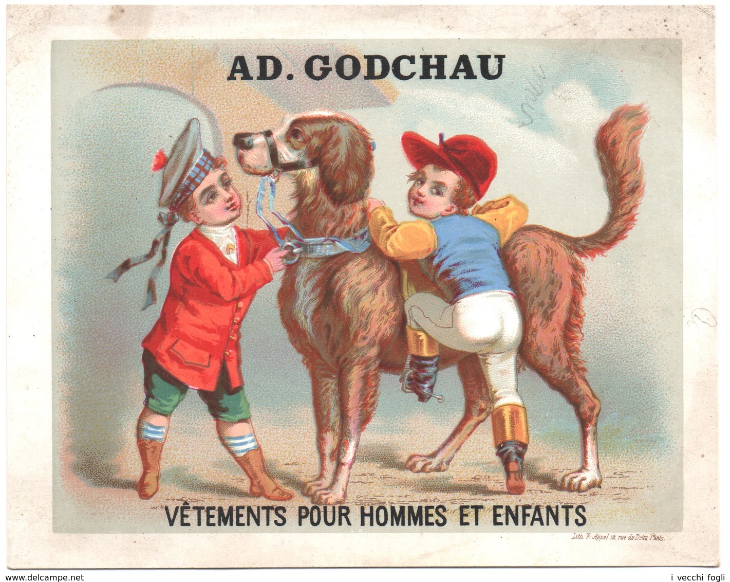 Chromo Grand Format. Ad. Godchau. Le Jeune Jockey S'apprete à Monter Le Chien. Cane Montato Da Fantino. Appel 3-1-3/10 - Autres & Non Classés