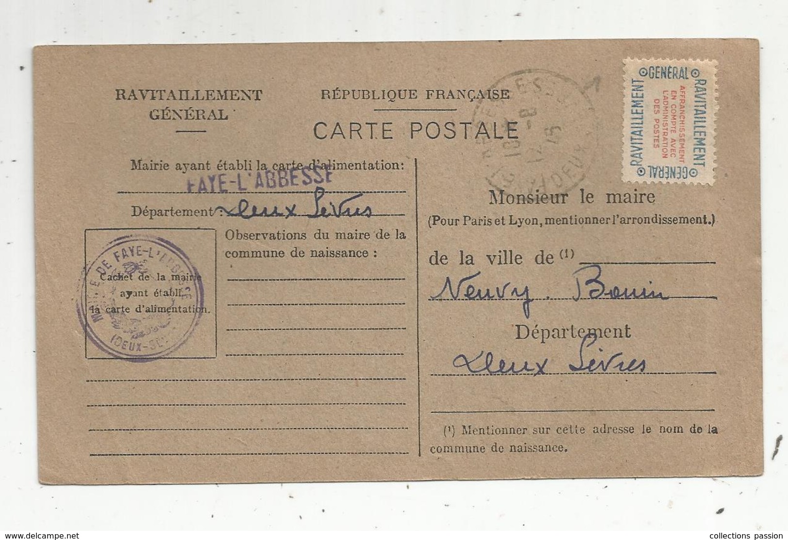 Sur Carte Postale , Ravitaillement Général Neuf , 1946 , FAYE L'ABBESSE ,79 , Fiche De Controle , 2 Scans - Neufs