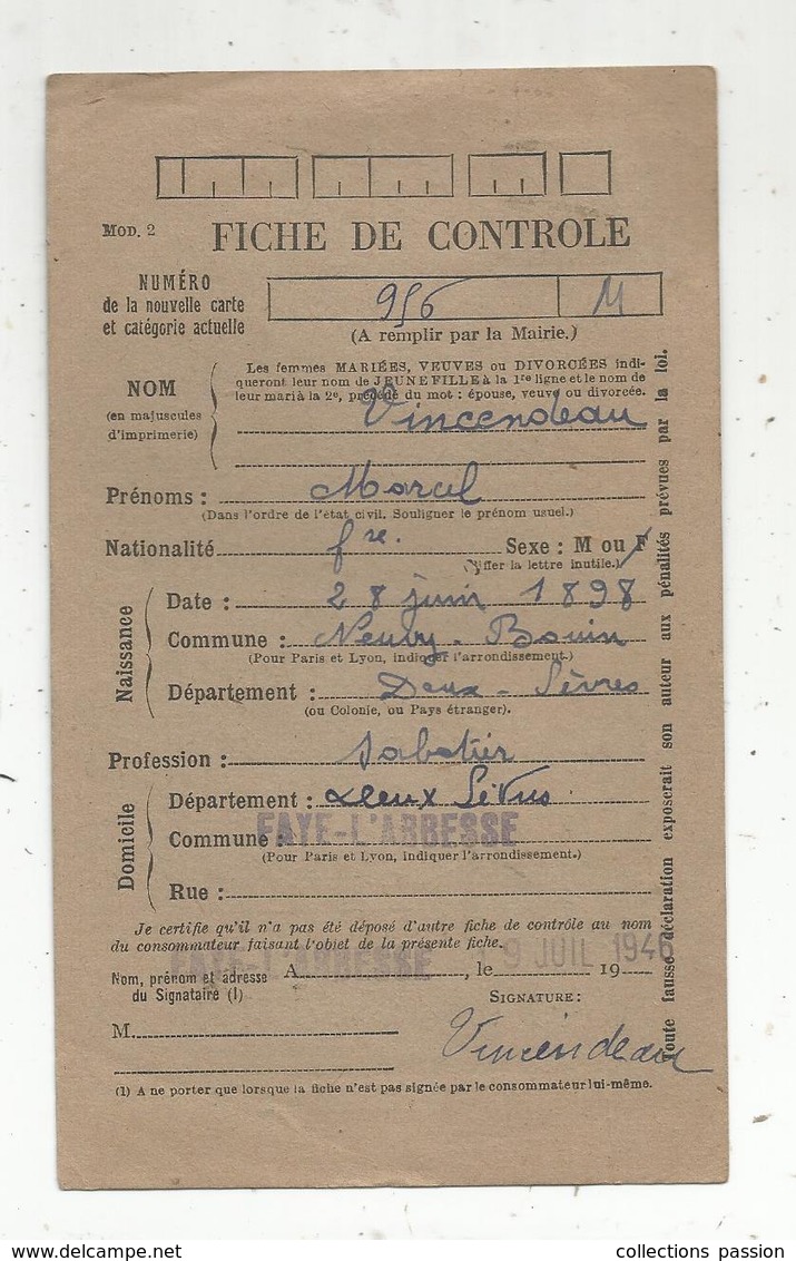 Sur Carte Postale , Ravitaillement Général Neuf , 1946 , FAYE L'ABBESSE ,79 , Fiche De Controle , 2 Scans - Neufs