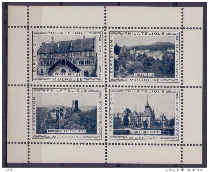 FRANCE :1934: Feuillet De 4 Vignettes/Cinderellas – MNH: ## MULHOUSE: Exposition Philatélique ## :PHILATELY,ARCHITECTURE - Blocks & Sheetlets & Booklets