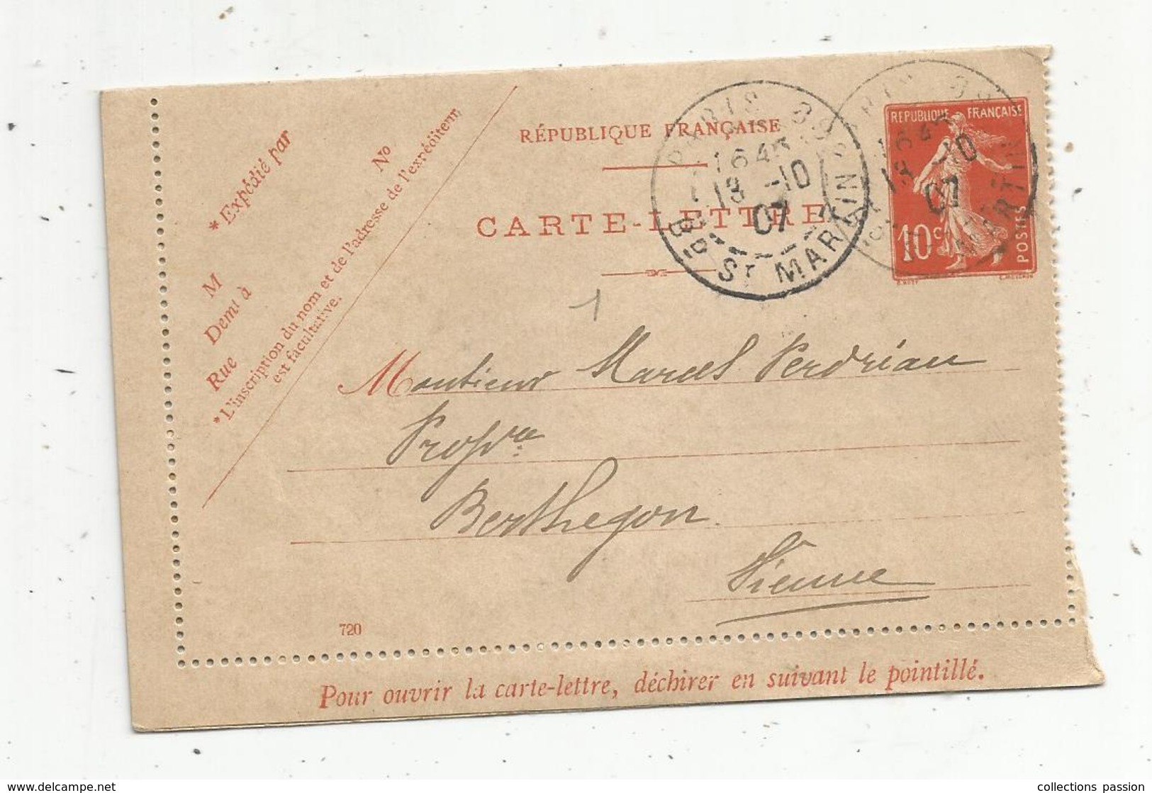 Entier Postal ,carte Lettre , 1907 , PARIS Bd St MARTIN , BERTHEGON ,Vienne - Kaartbrieven