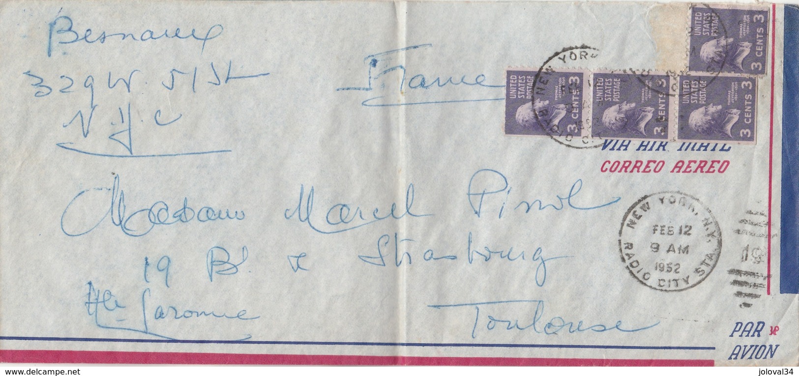 USA  Lettre Cachet   New York  Radio City Sta 12/2/1952 Pour Toulouse Haute Garonne France - Lettres & Documents