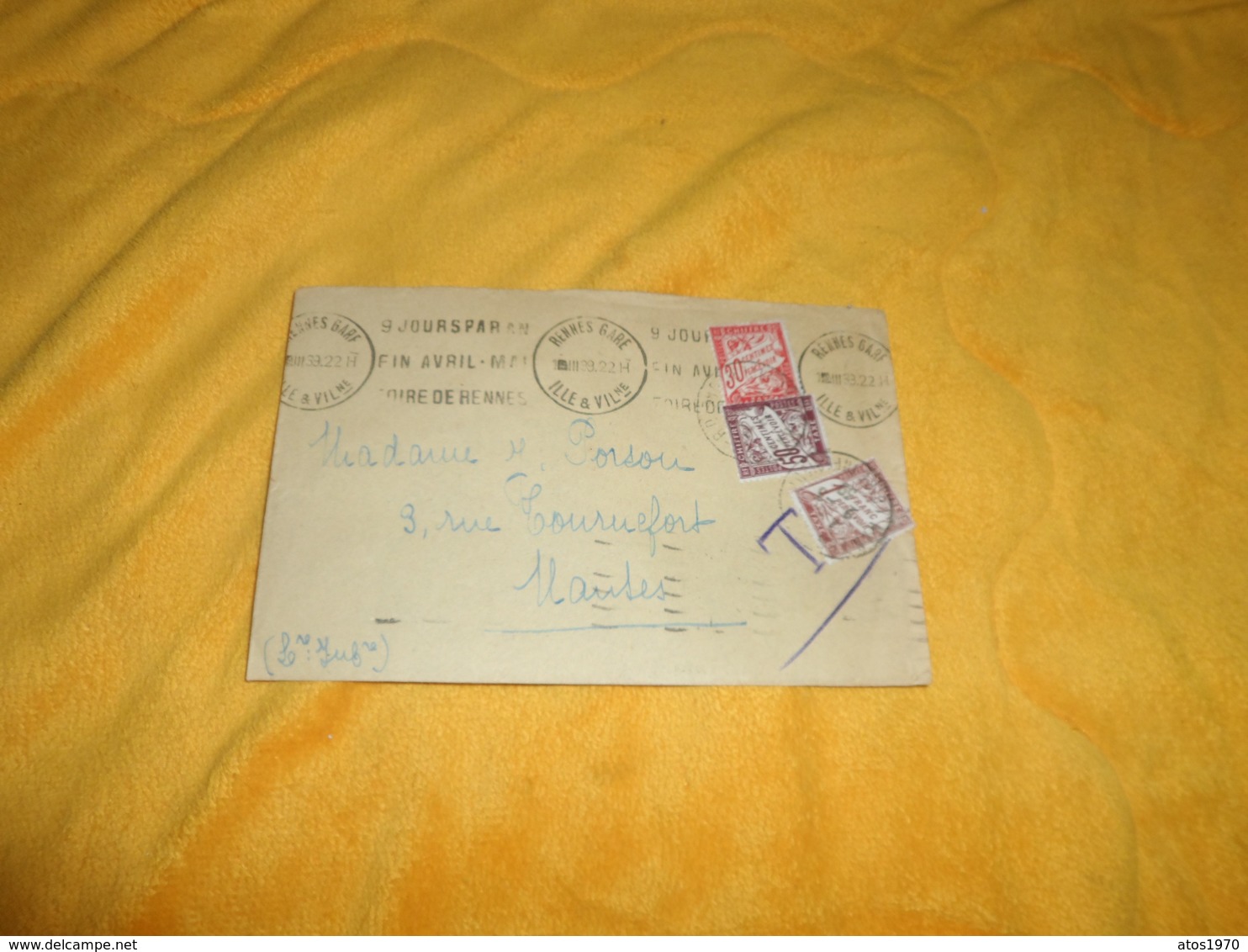 ENVELOPPE UNIQUEMENT DE 1938 / CACHETS RENNES GARE POUR NANTES + TIMBRES TAXES 30C. 50C. 1F... - 1859-1959 Covers & Documents