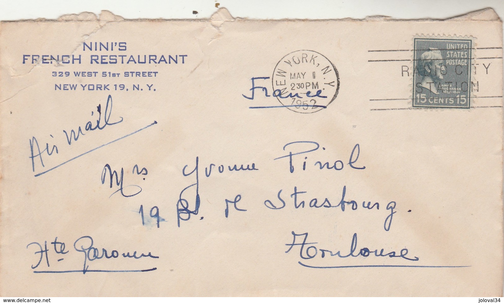 USA  Lettre Entête Nini's French Restaurant Cachet Flamme New York  1/5/1952 Pour Toulouse Haute Garonne France - Lettres & Documents