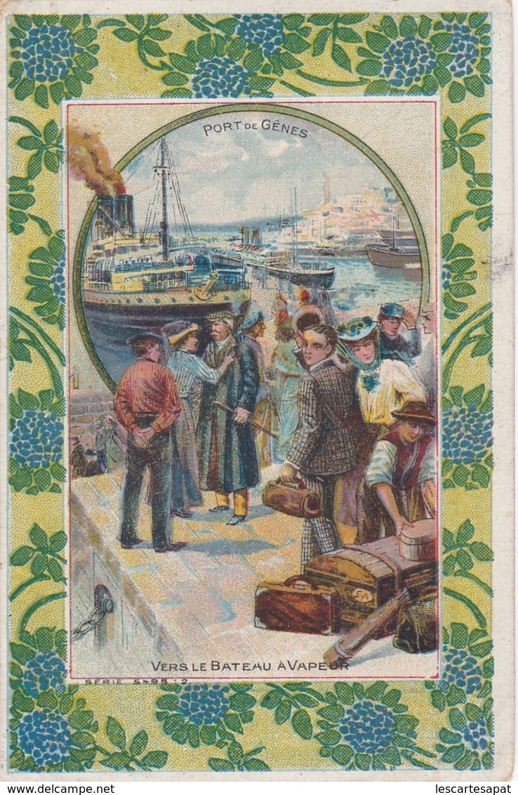 CHROMO(format Carte Postale) : CHICOREE BOULANGERE CROISSANT "PORT DE GENES , VERS LE BATEAU A VAPEUR"(lot Pat 56) - Tè & Caffè