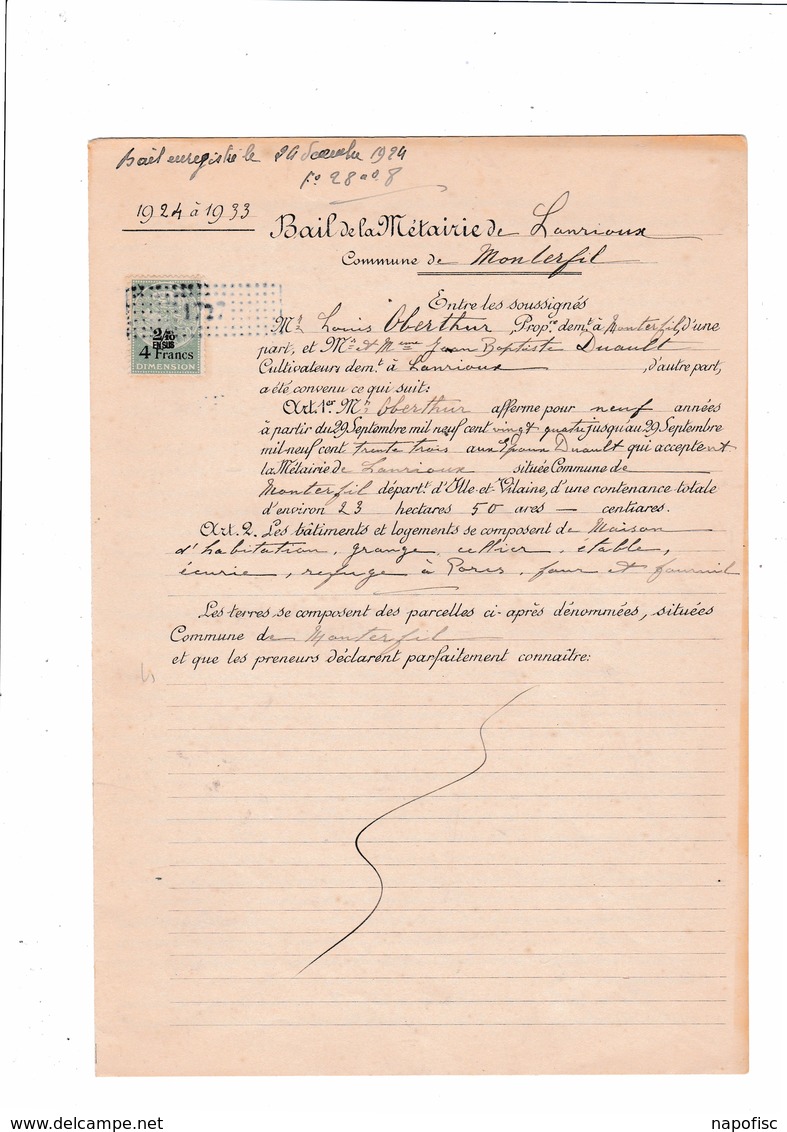 Bail De La Métairie De Lourioux Monterfil (Ille Et Vilaine)...1924 - Manuscrits