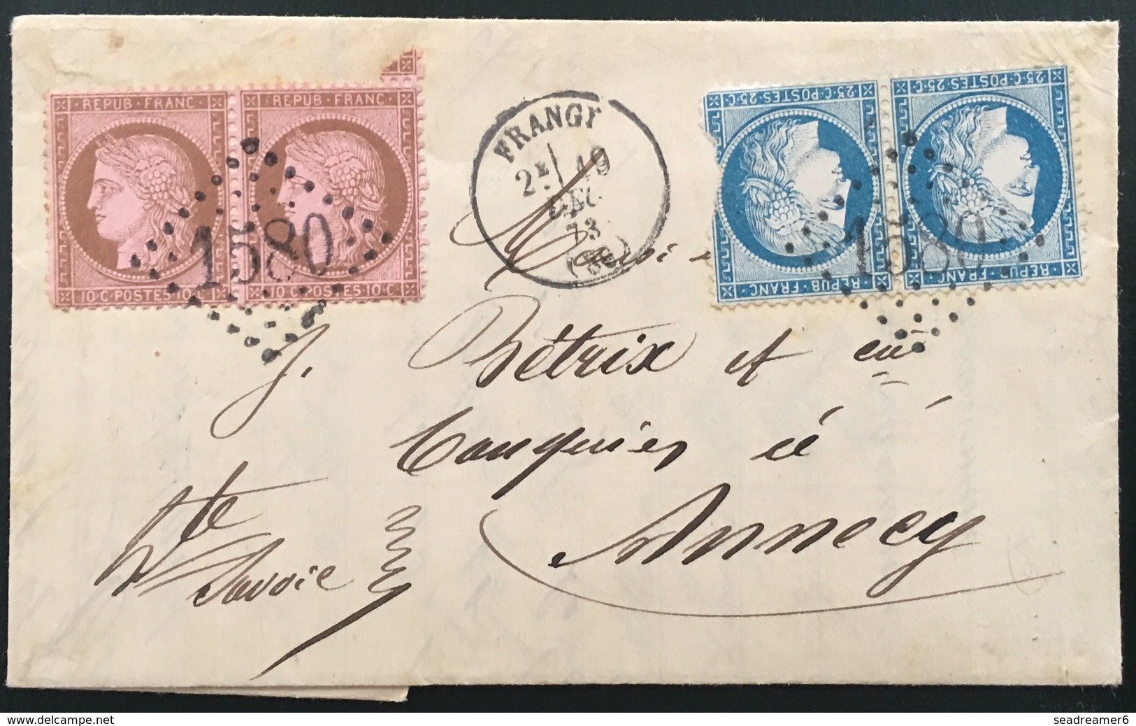 1871-75 Ceres Sur Lettre N°58 & 60 2 Paires Oblitérées Du GC 1580 + Dateur Type 16 De Frangy Aspect Superbe ! - 1871-1875 Cérès