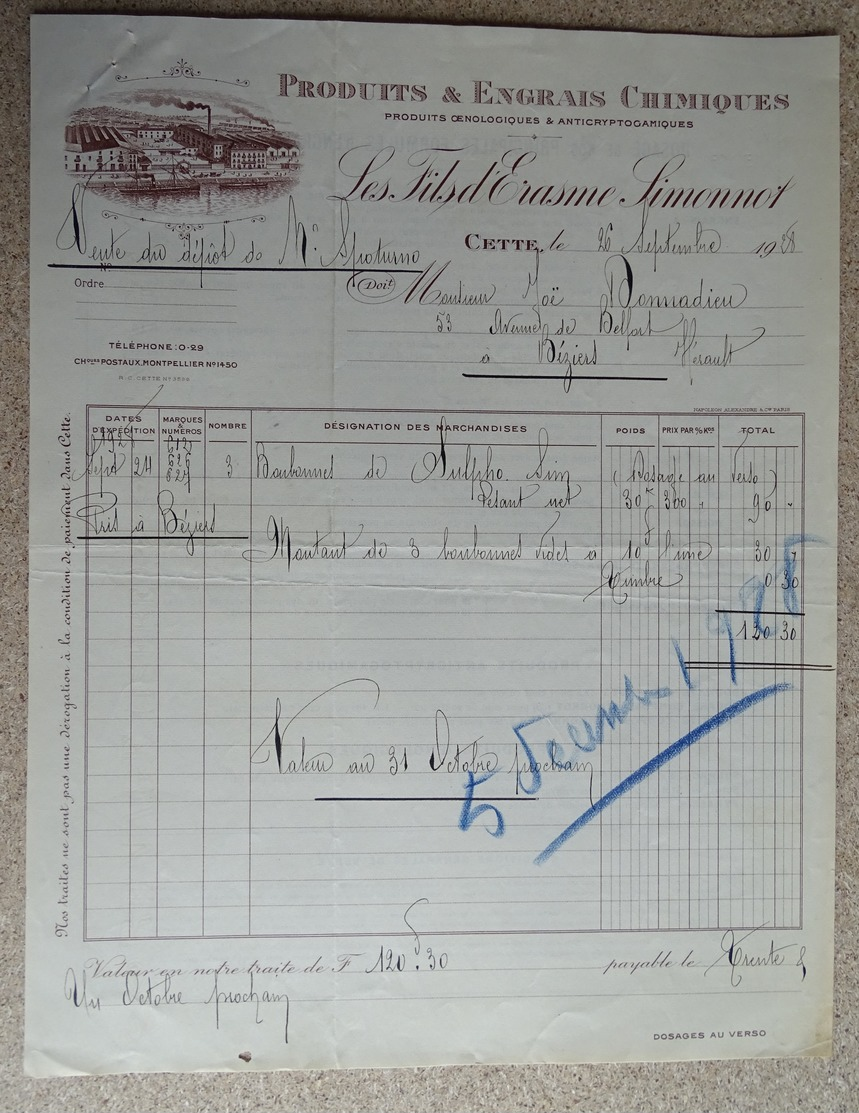 Facture Ancienne - Produits & Engrais - Les Fils D'erasme Simonnot - Cette (sète - 1928 - Autres & Non Classés