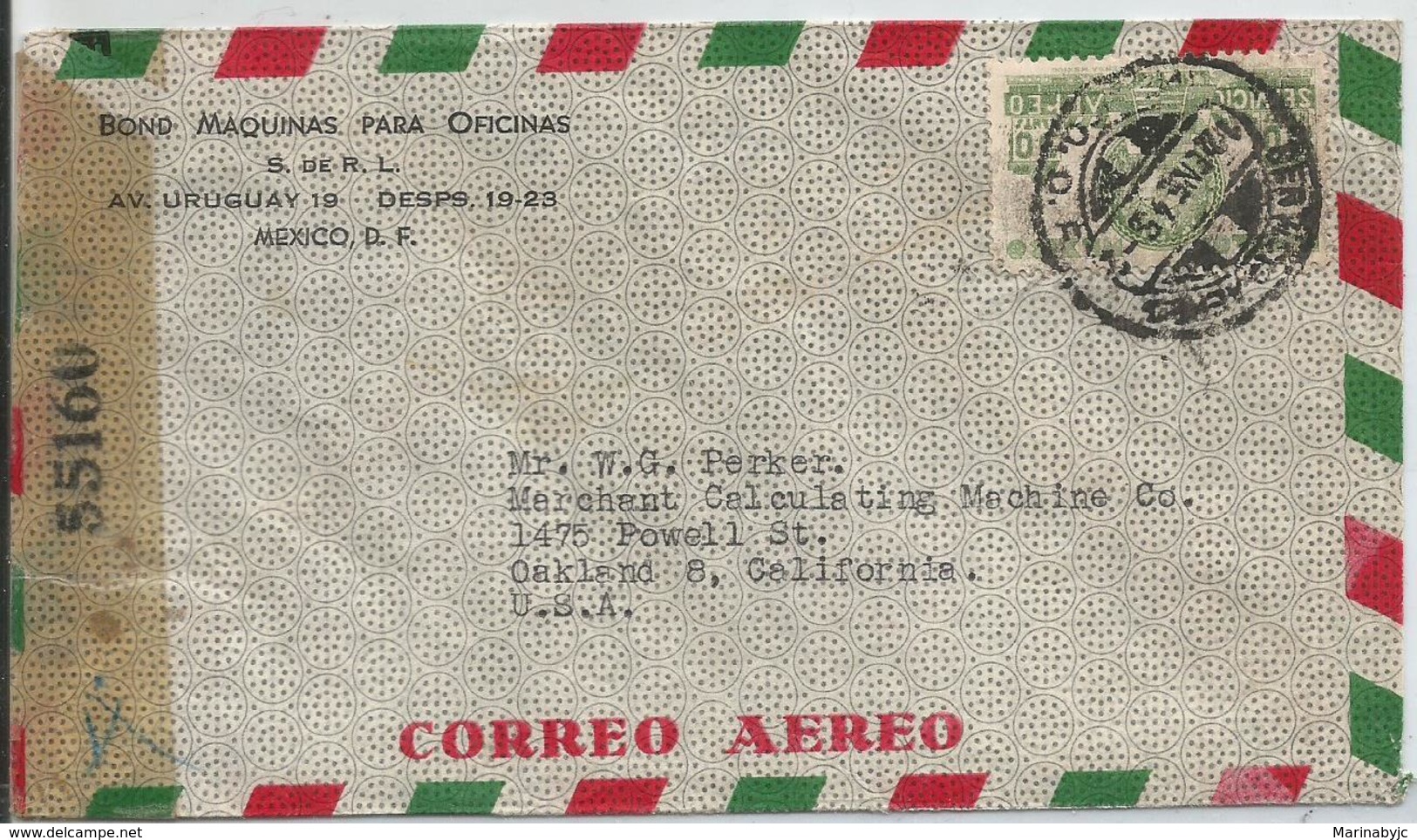 J) 1948 MEXICO, COMMERCIAL LETTER, BOND, OFFICE MACHINES, PYRAMID OF TLE SUN, OPENED BY EXAMINER, AIRMAIL, CIRCULATED CO - Mexico