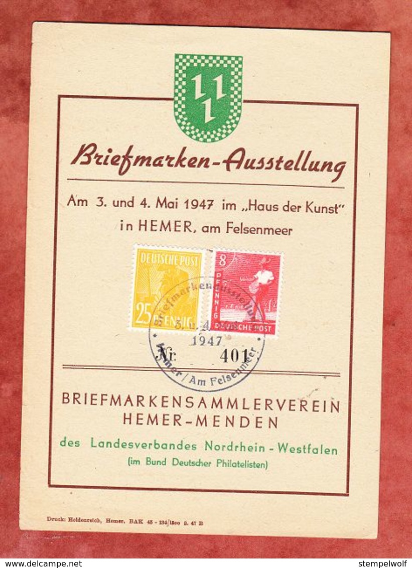 Gedenkblatt, Briefmarken-Ausstellung, MiF Arbeiter, SoSt Hemer 1947 (69748) - Sonstige & Ohne Zuordnung