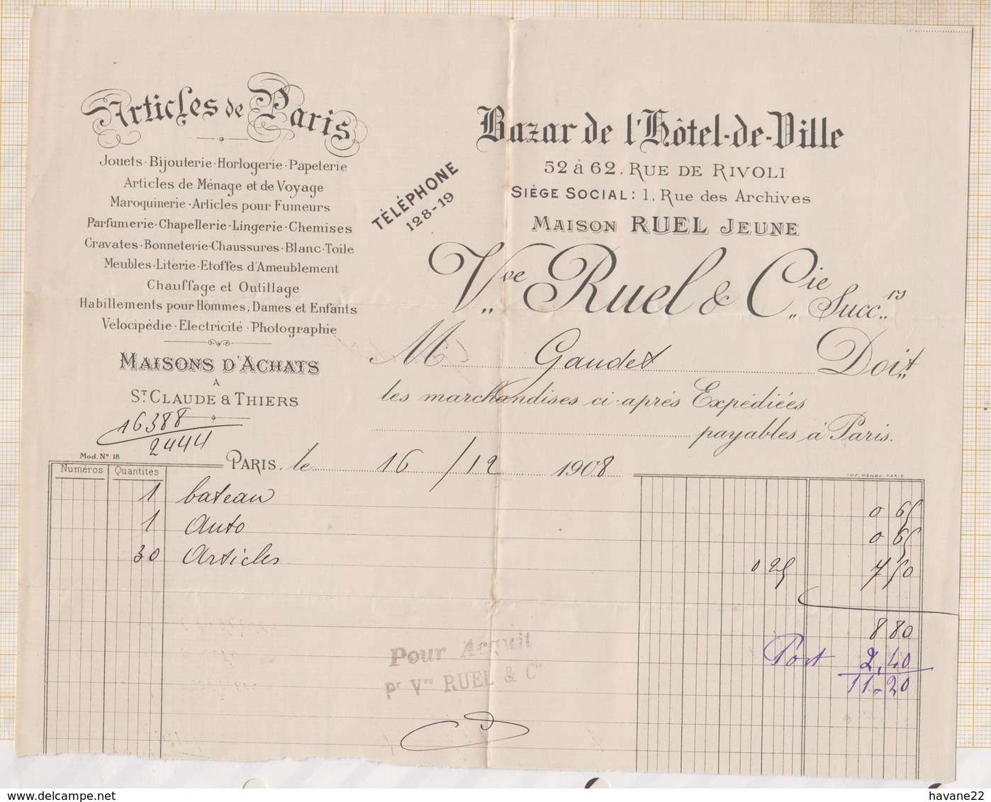 8108 Lettre Facture RUEL ET CIE BAZAR DE L'HOTEL DE VILLE PARIS / 1908 - 1900 – 1949