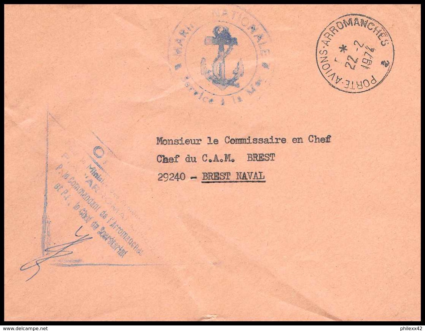 7646 Arromanches (porte-avions) 1974 Poste Navale Militaire Signe (Signed Autograph) France Lettre (cover) - Poste Navale