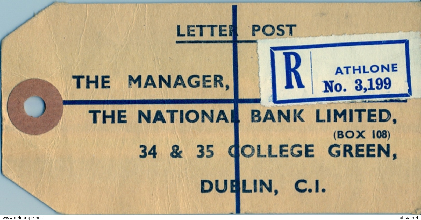 1963 , IRLANDA , ETIQUETA POSTAL DE ENVIO CERTIFICADO , ATHLONE - DUBLIN , MAT. LUAIN , THE NATIONAL BANK LIMITED - Cartas & Documentos