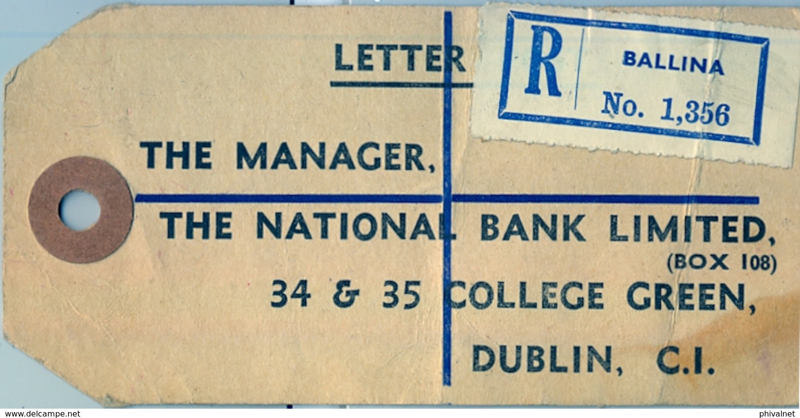 1963 , IRLANDA , ETIQUETA POSTAL DE ENVIO CERTIFICADO , BALLINA - DUBLIN , MAT. BÉAL AN ÁTHA , THE NATIONAL BANK LIMITED - Cartas & Documentos