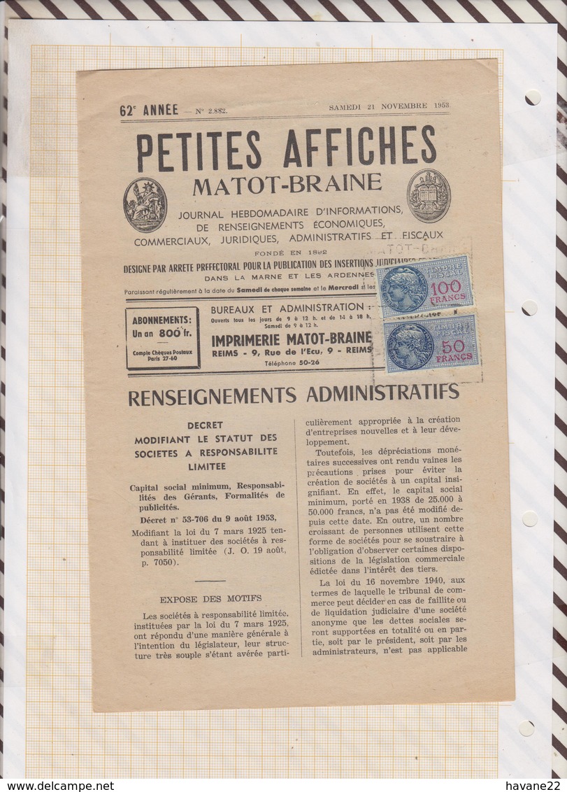 81025 Lettre Facture PETITES AFFICHES MATOT BRAINE REIMS MARNE ARDENNES / 1952 - 1900 – 1949