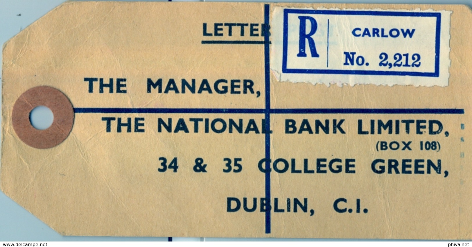 1963 , IRLANDA , ETIQUETA POSTAL DE ENVIO CERTIFICADO , CARLOW - DUBLIN , MAT. CEATHARLACH , THE NATIONAL BANK LIMITED - Briefe U. Dokumente