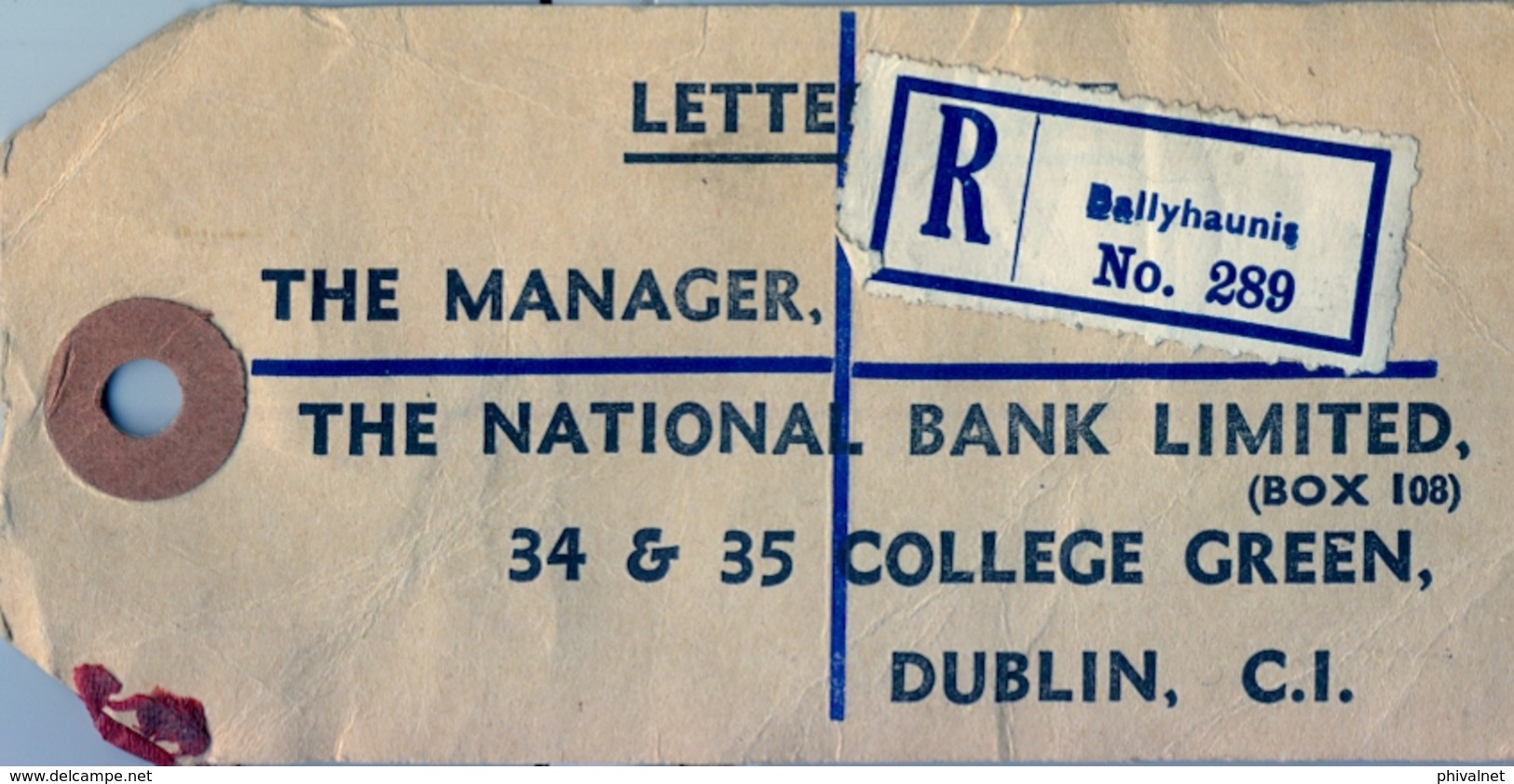 1963 , IRLANDA , ETIQUETA  POSTAL DE ENVIO CERTIFICADO , BALLYHAUNIS - DUBLIN , THE NATIONAL BANK LIMITED - Brieven En Documenten